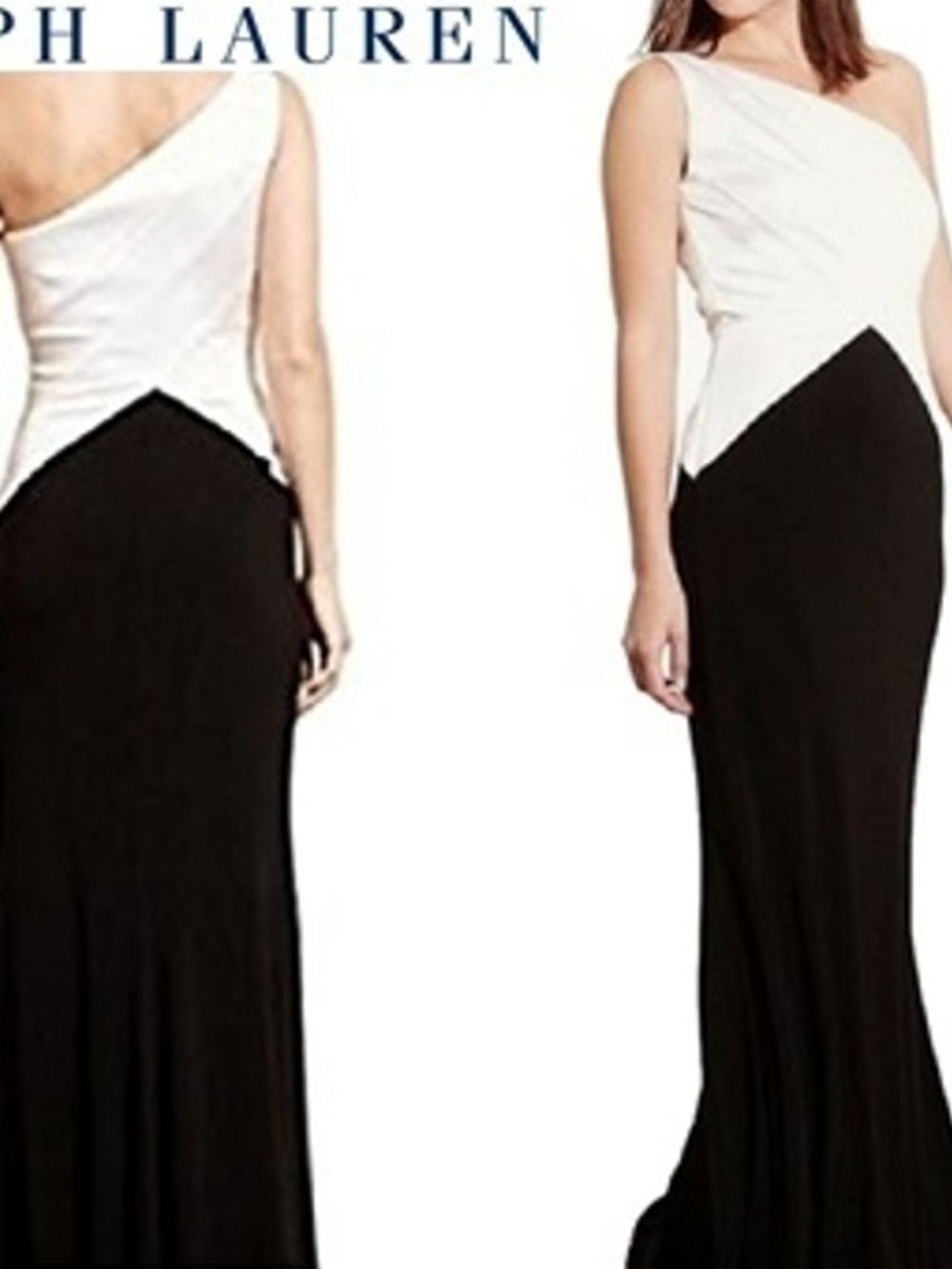 Ralph Lauren Black and Ivory One-Shoulder Evening Dress